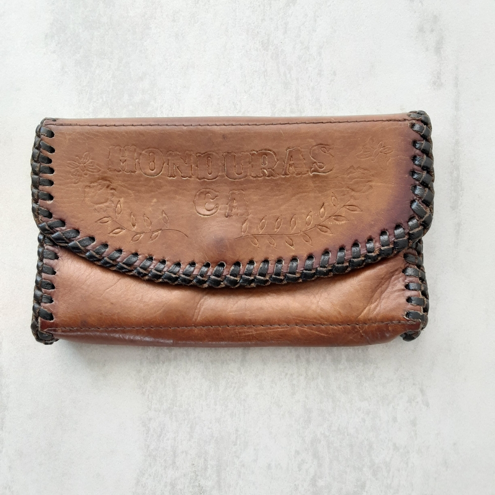 Vintage Hand-Tooled Leather Wallet, Honduras Brown Artisanal Piece Bag